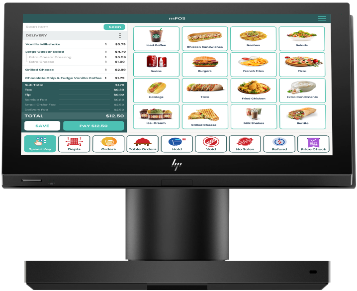 Hp essential POS screen displaying the Modisoft back of office dashboard.