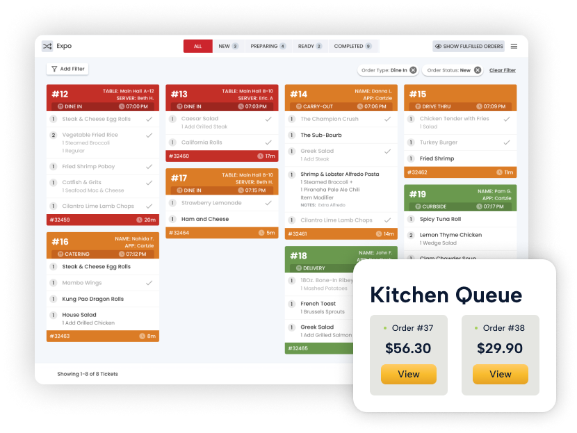 Screen displaying Modisoft kitchen display system interface.