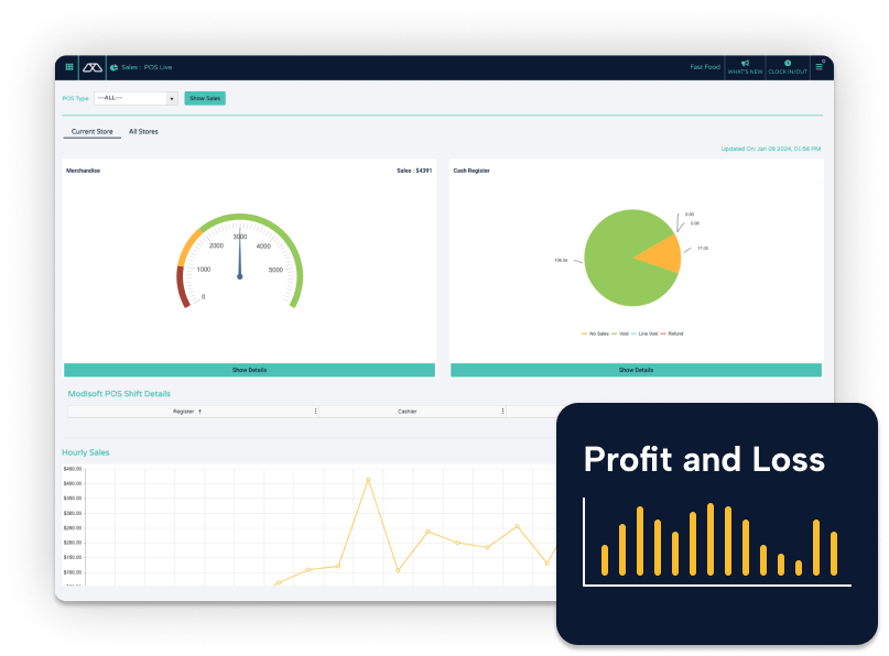 Screen displaying Modisoft sales POS live interface.