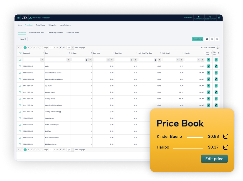 Screen displaying Modisoft product price book interface.