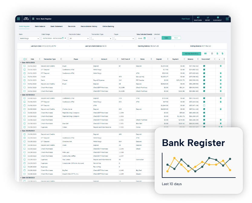 Screen displaying Modisoft bank register interface.