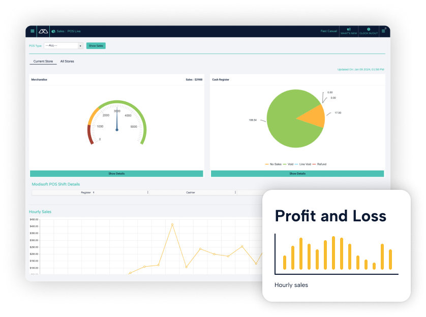Screen displaying Modisoft sales POS live chart interface.
