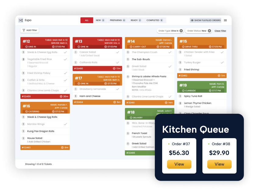 Screen displaying kitchen display system interface.