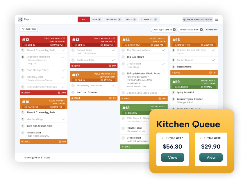 Screen displaying kitchen display system dashboard.