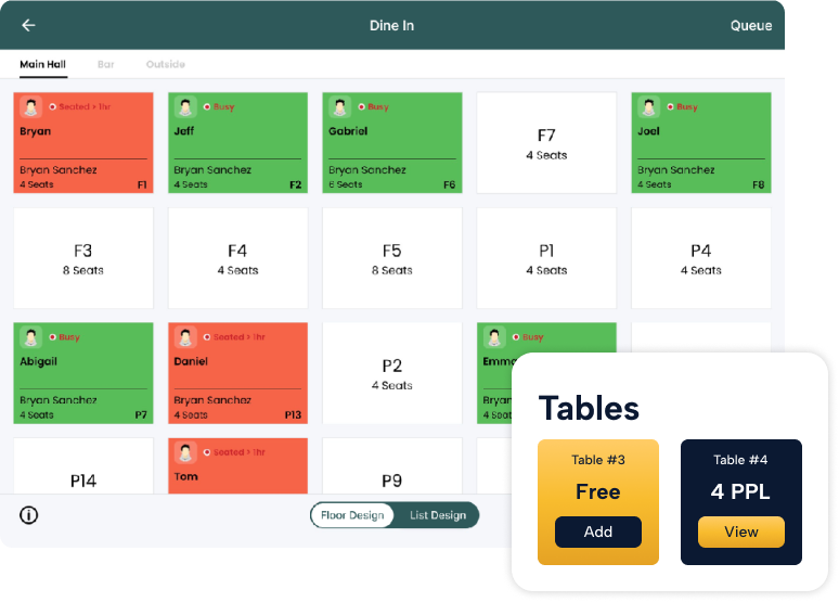 Screen displaying Modisoft full service restaurant table management system.