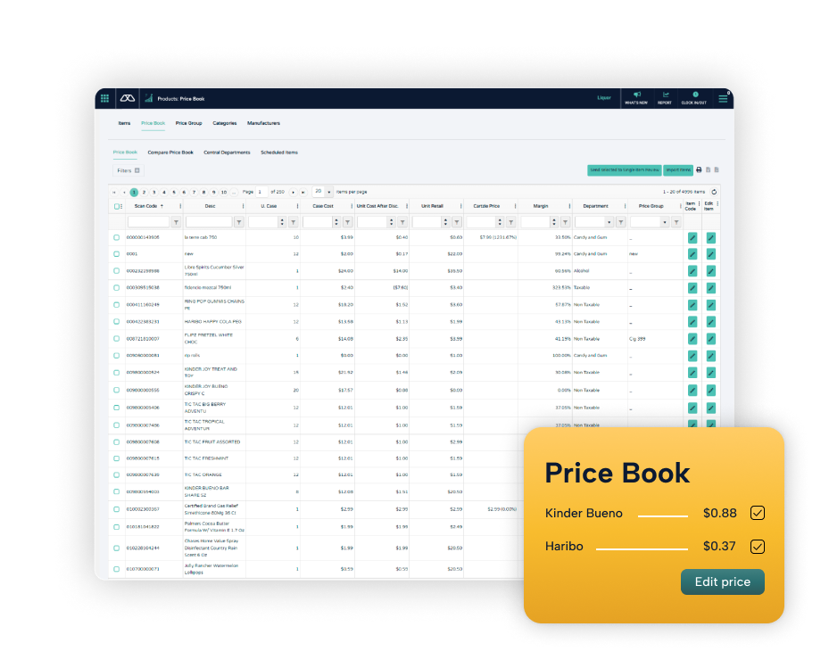 Price Book screen displaying product information.