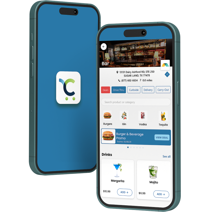 Mobile displaying a restaurant page in the Modisoft Cartzie App.