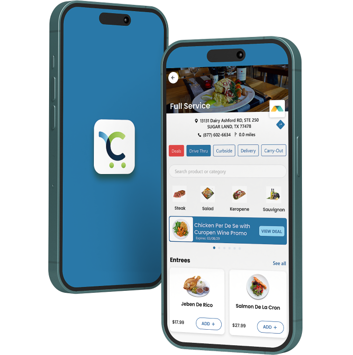Mobile displaying a restaurant page in the Modisoft Cartzie App.