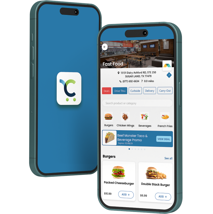 Mobile displaying a restaurant page in the Modisoft Cartzie App.