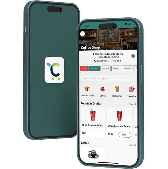 One mobile screen displays the Cartzie logo, and another one displays the coffee shop dashboard opened on a Modisoft Cartzie mobile app.