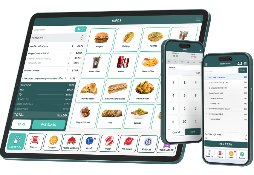 Tablet and mobile screens displaying Modisoft Fast Casual mPOS dashboard.