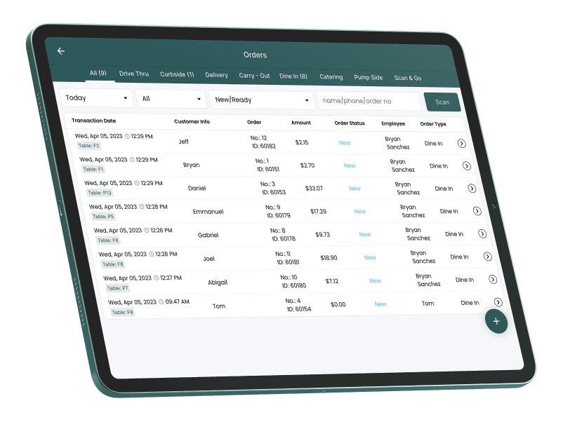 Modisoft full service POS orders page interface.