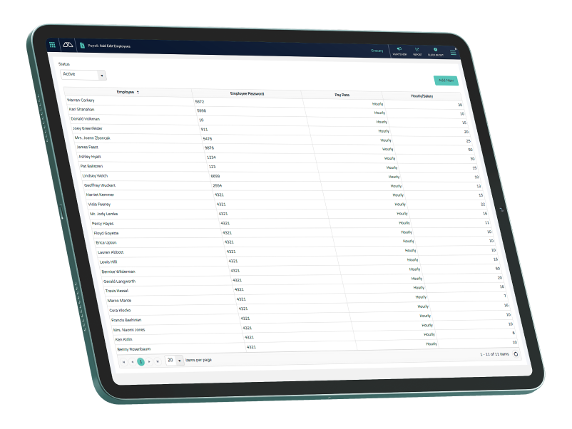 Tablet screen displaying staff management dashboard.