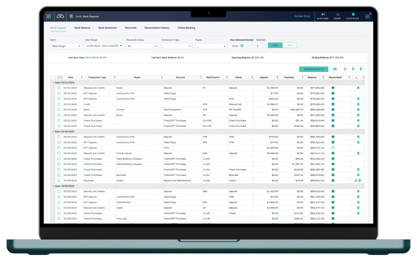 Laptop screen displaying Modisoft bank register interface.