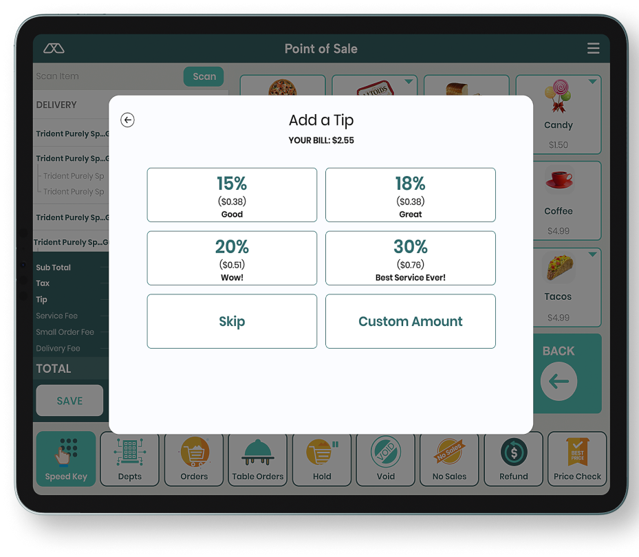 Modisoft add a tip window opened in the Modisoft Point of Sale interface.