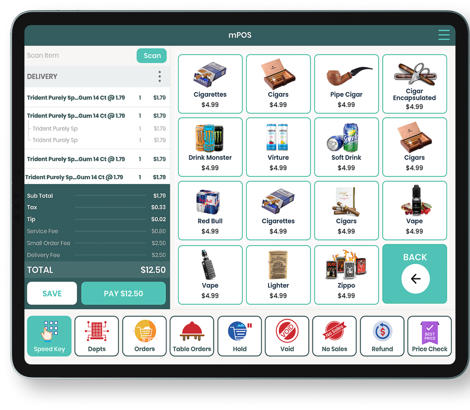 Tablet screen displaying Modisoft smoke shop mPOS interface.