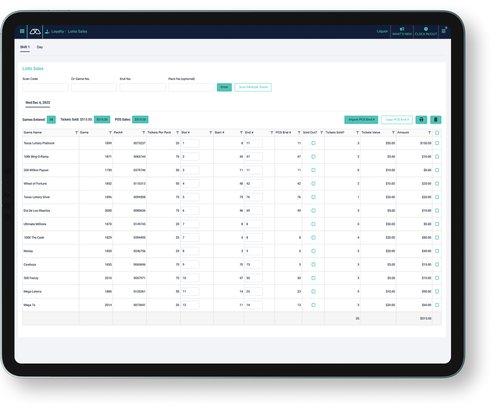 Screen displaying lotto sales report interface.