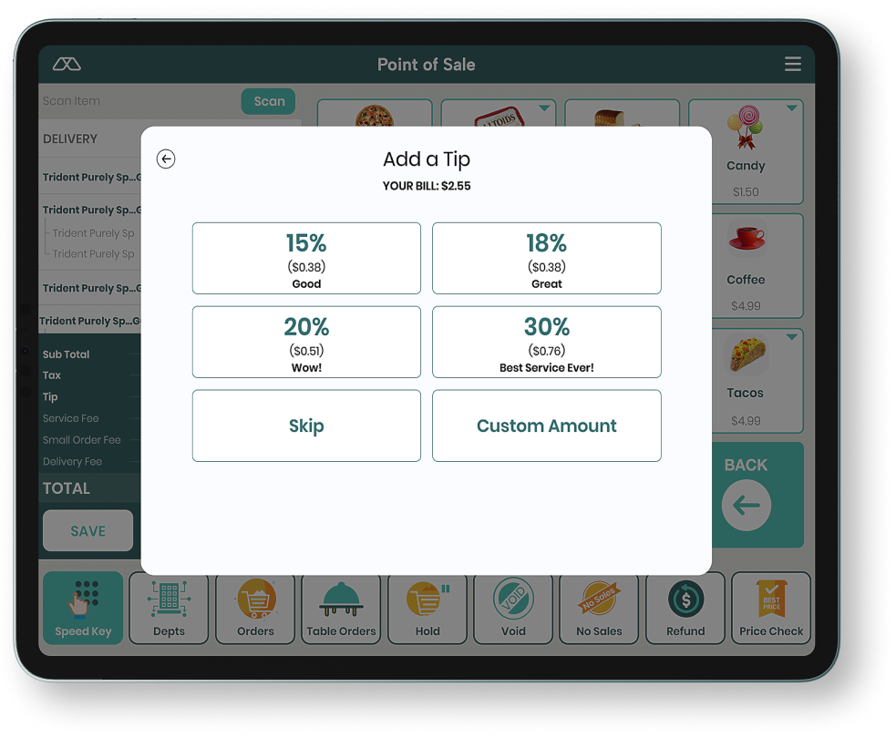 Screen displaying Tip amount window opened in Modisoft cafe point of sale system.