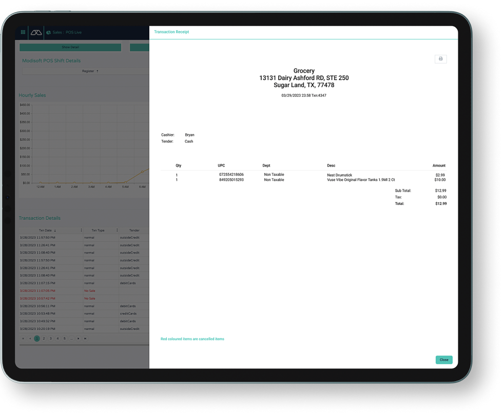 Screen displaying the digital receipt of grocery store sales.