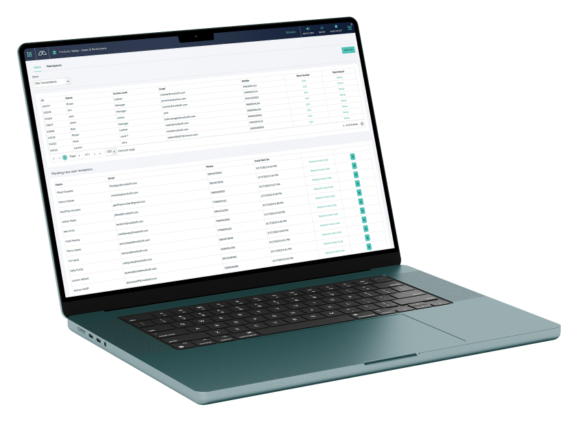 The laptop screen displays the site access dashboard.