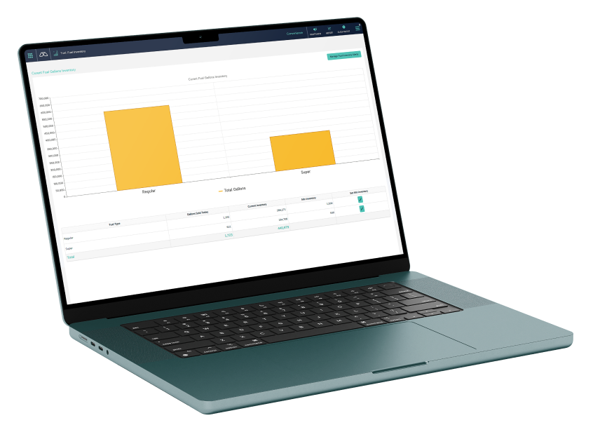 Laptop screen displaying Modisoft fuel pricing management interface